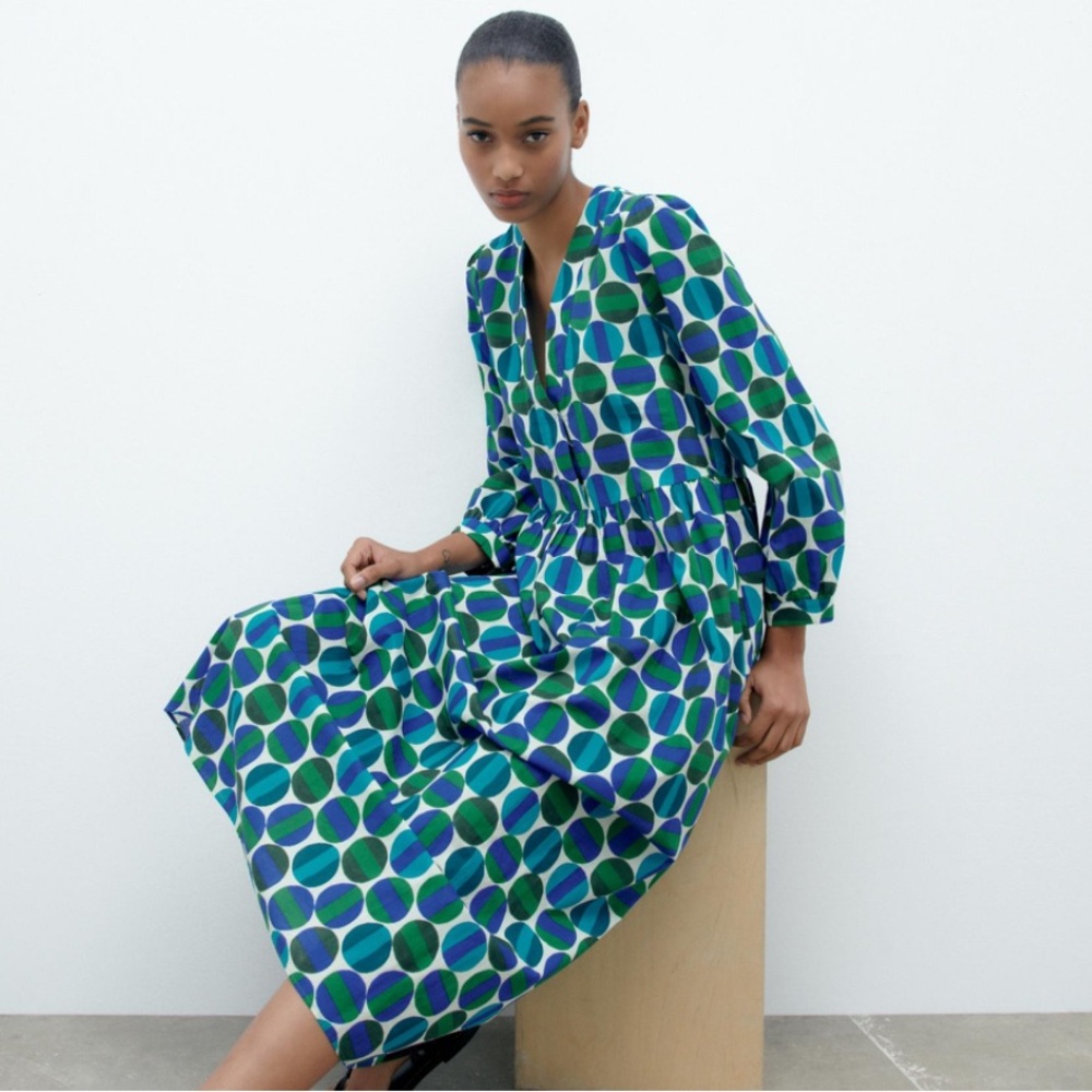 Zara Blue and Green Geometric Long Sleeve Dress